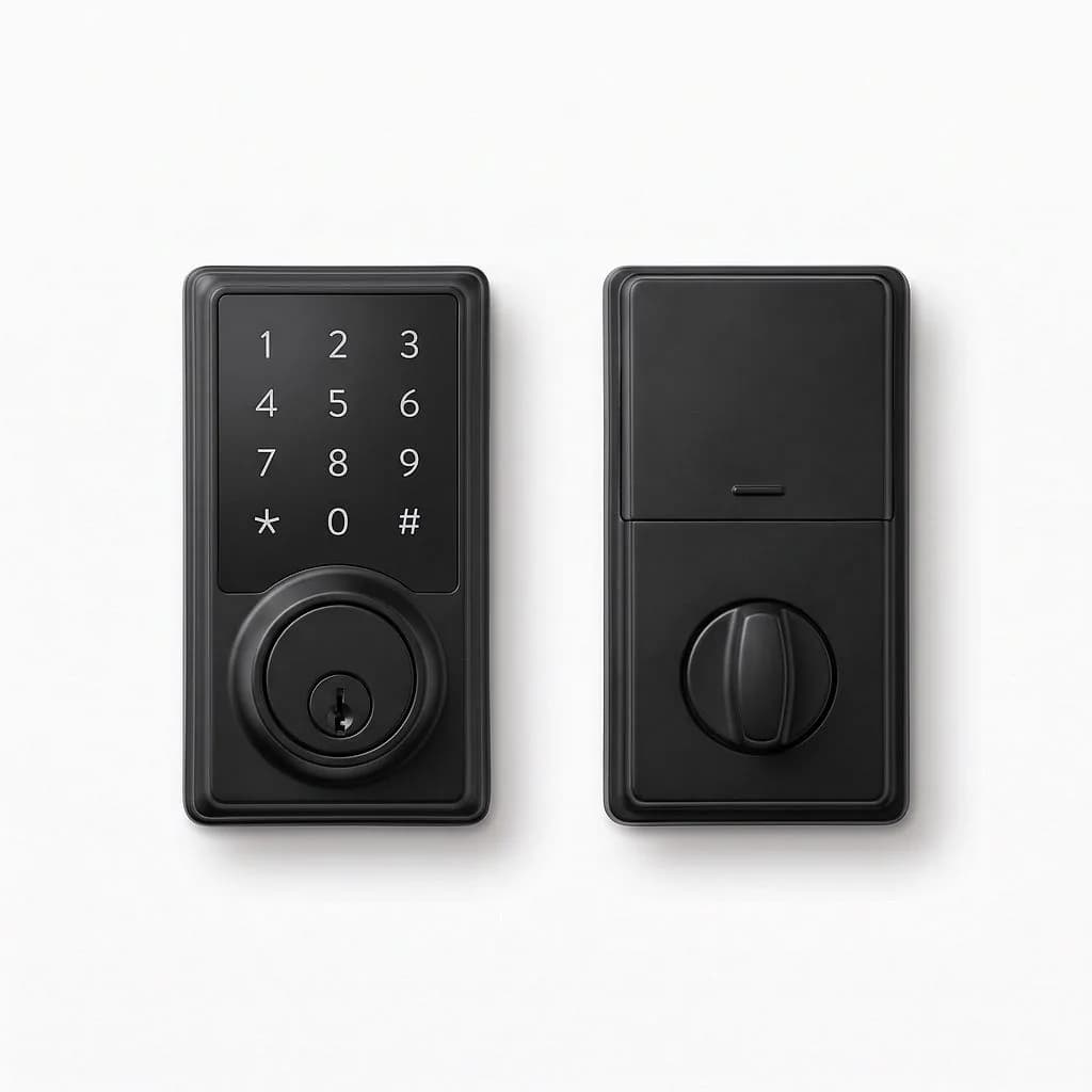 Matte black electronic keypad deadbolt beside its interior battery unit
