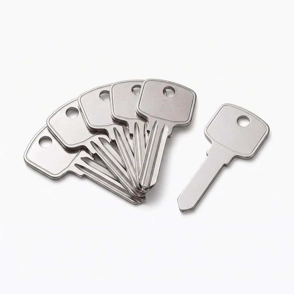 Six new silver house keys, five fanned out and one on its own
