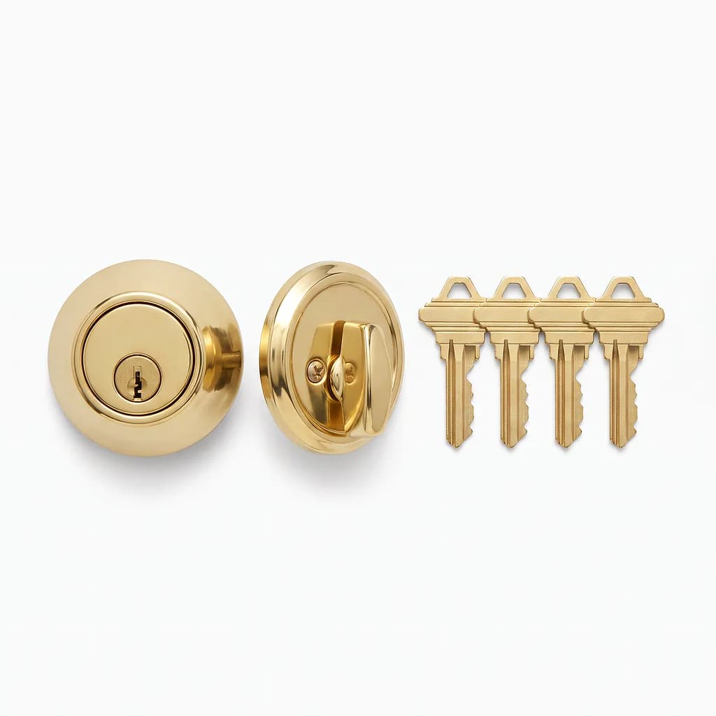 Brass deadbolt with its thumb-turn and a set of four newly cut brass keys