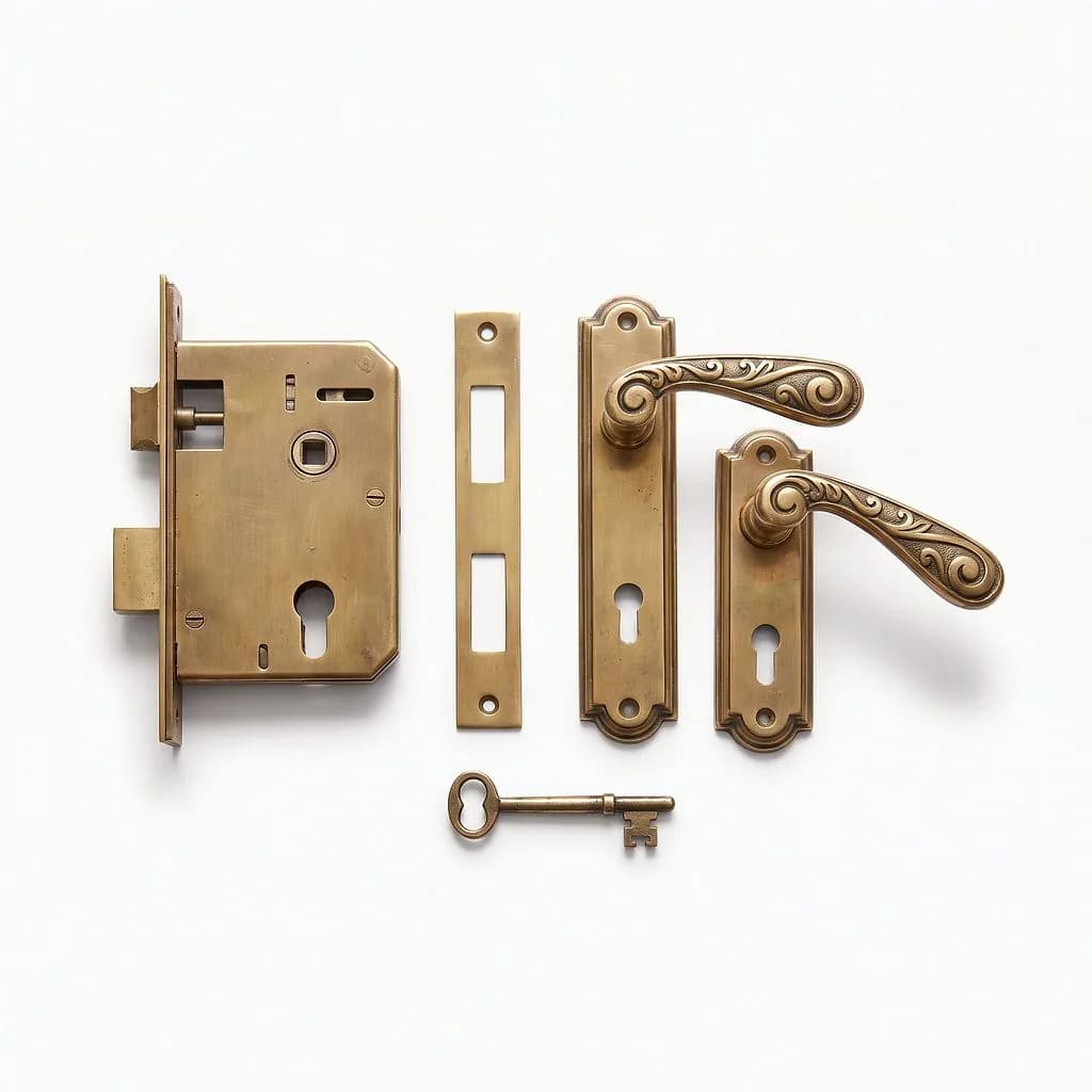 Brass mortice sashlock with a pair of brass lever handles on long backplates