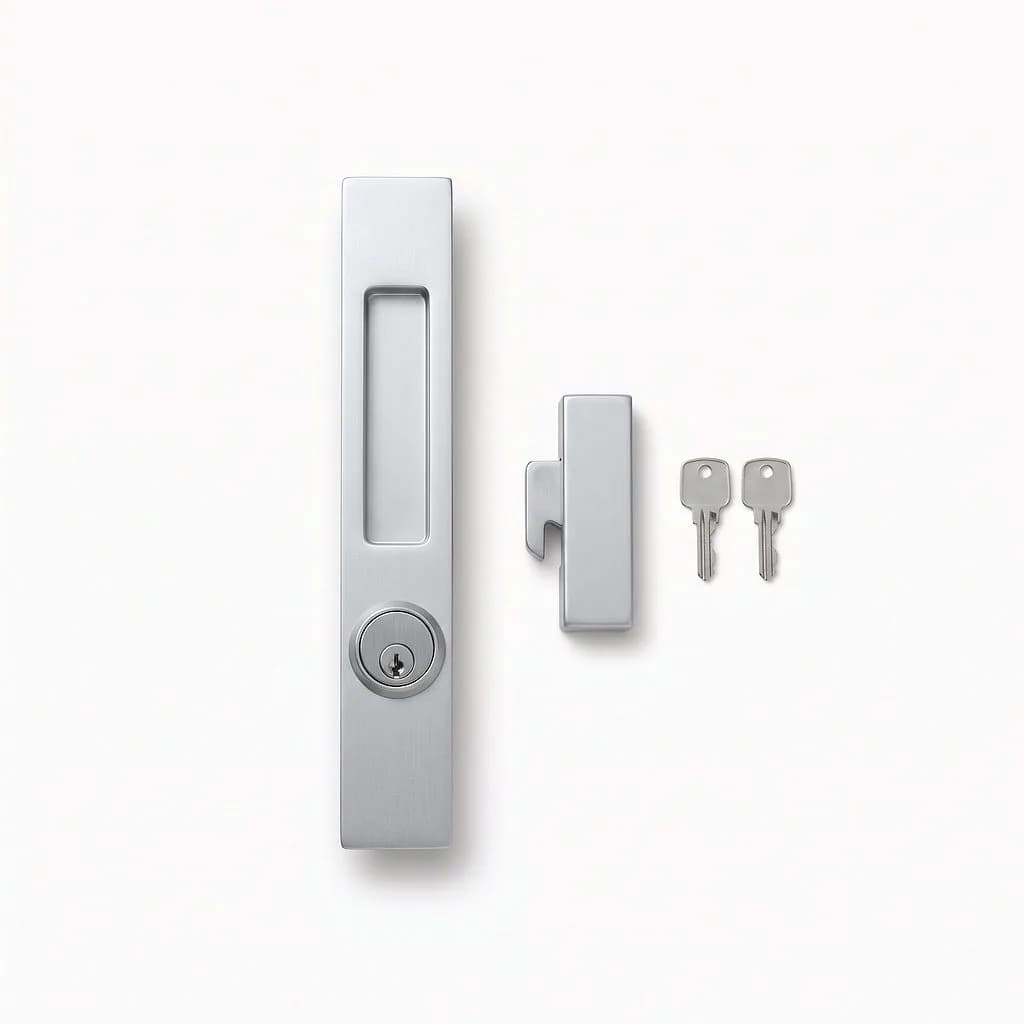 Silver aluminium sliding door lock with a flush pull handle, hook latch and two keys
