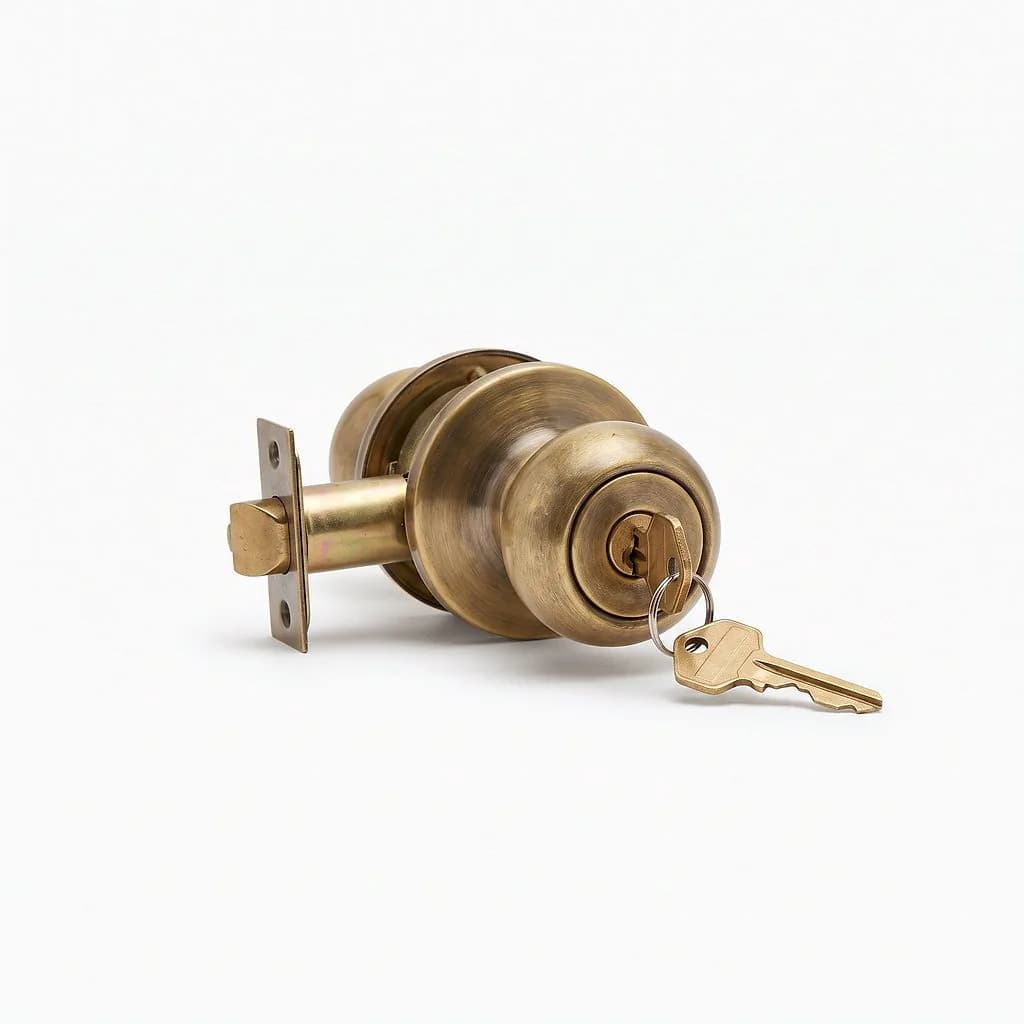 Brass key-in-knob entrance doorknob and latch, with a key in the knob and a second key on its ring