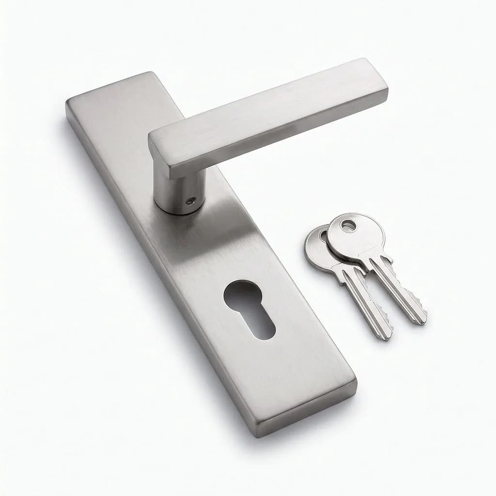 Heavy-duty stainless steel commercial lever handle on a long backplate with a euro cylinder cut-out and two keys
