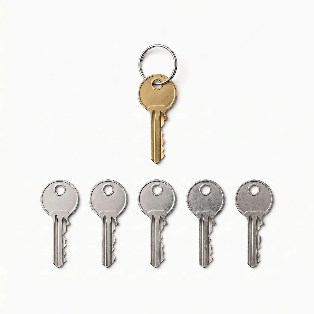 One brass master key on its own ring above five silver change keys laid in a row