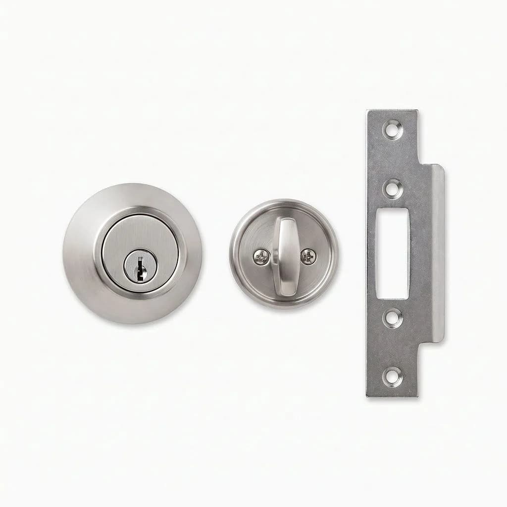 Satin chrome deadbolt with its interior thumb-turn and a long steel reinforcing strike plate