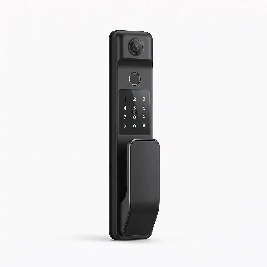 Matte black push-pull smart lock with a face recognition camera, fingerprint reader and keypad