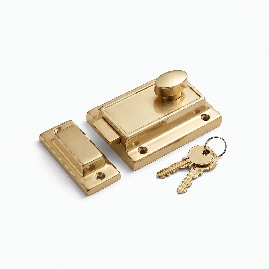 Brass rim night latch with its keeper and two brass keys