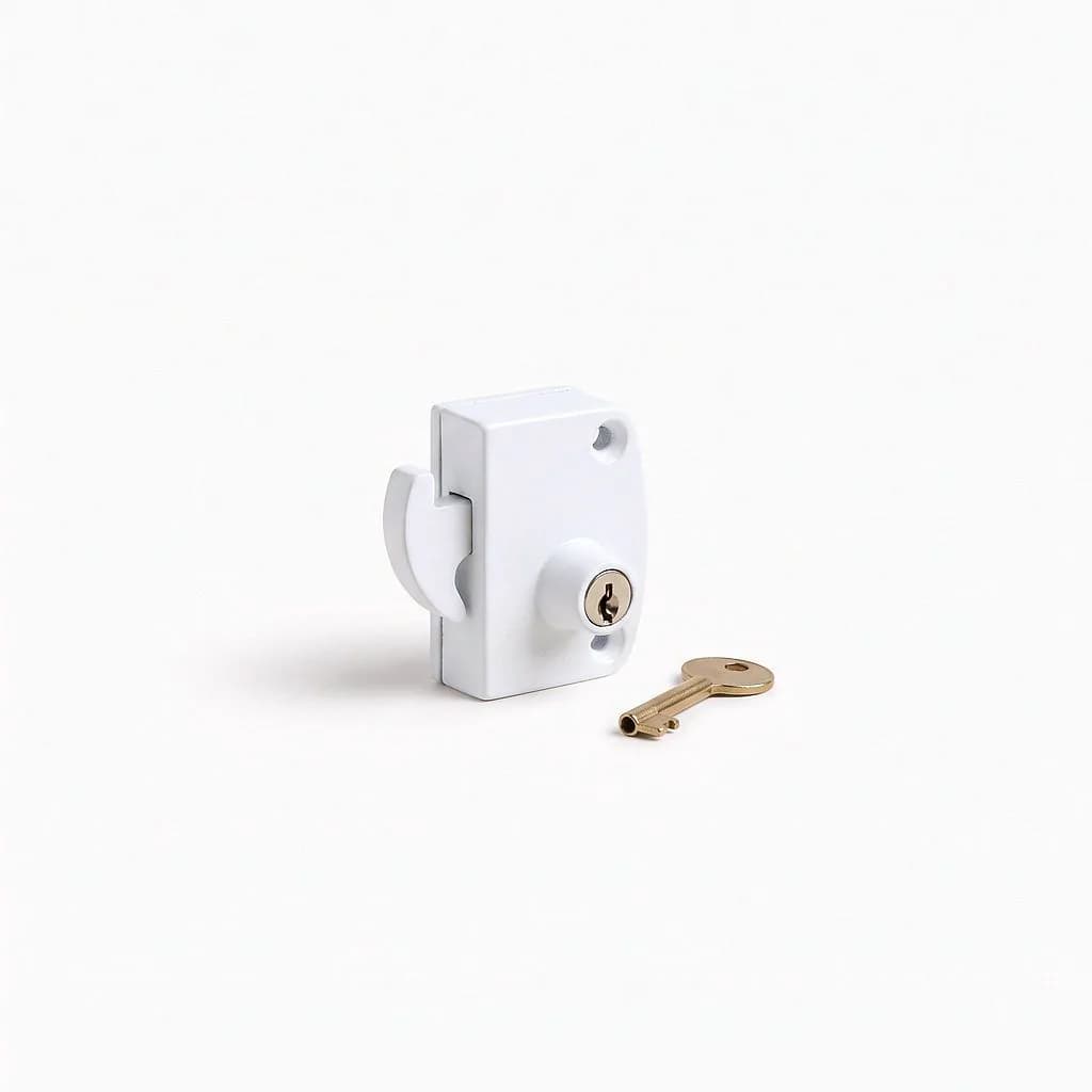 White keyed window sash lock with a small key