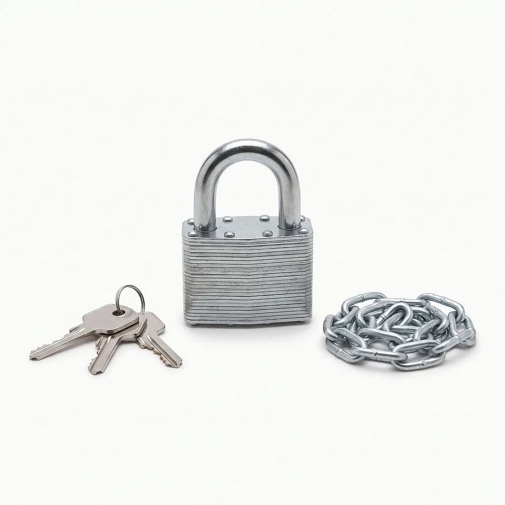 Heavy-duty laminated steel padlock with a ring of three keys and a coiled galvanised chain