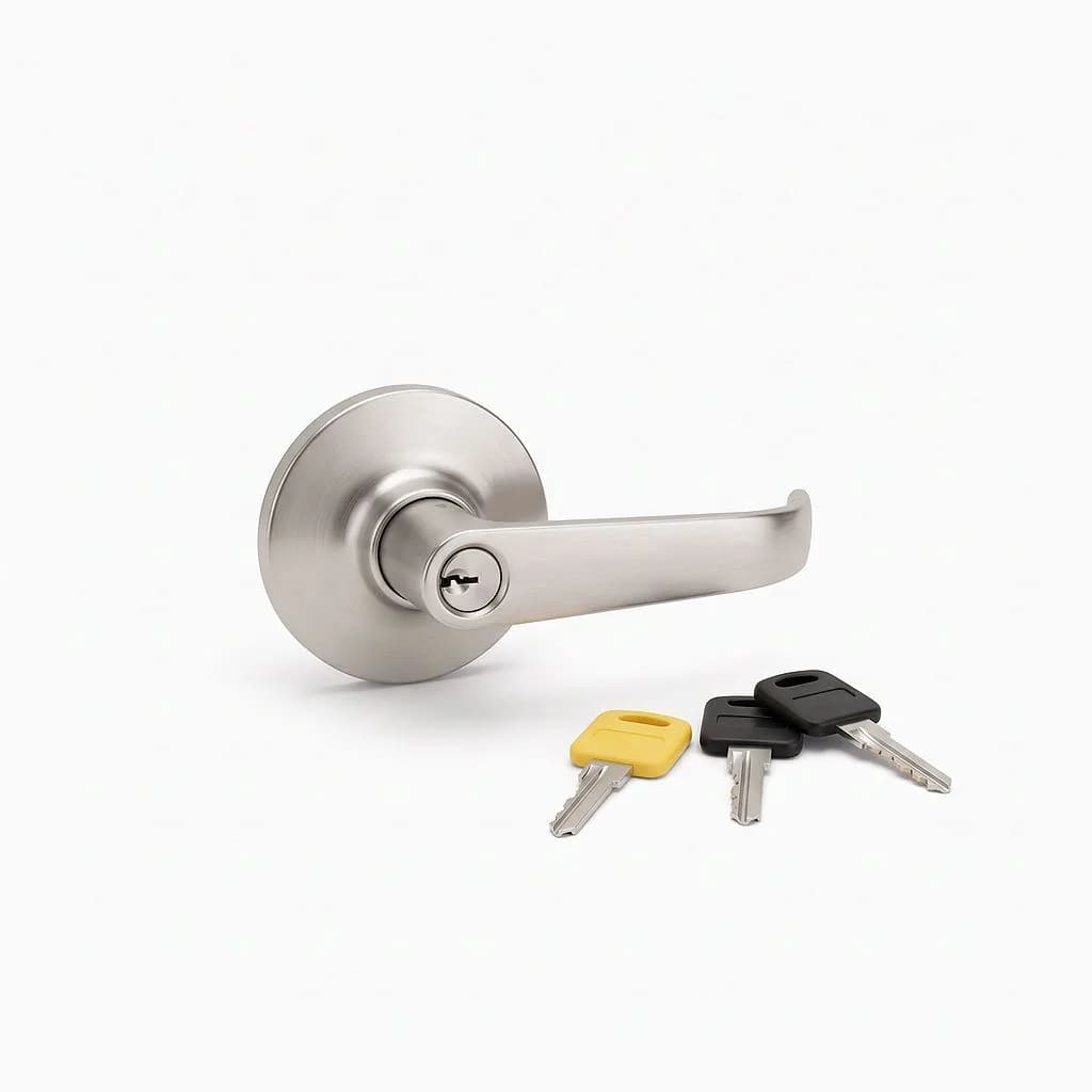 Satin nickel entrance lever set with one yellow-capped key and two black-capped keys