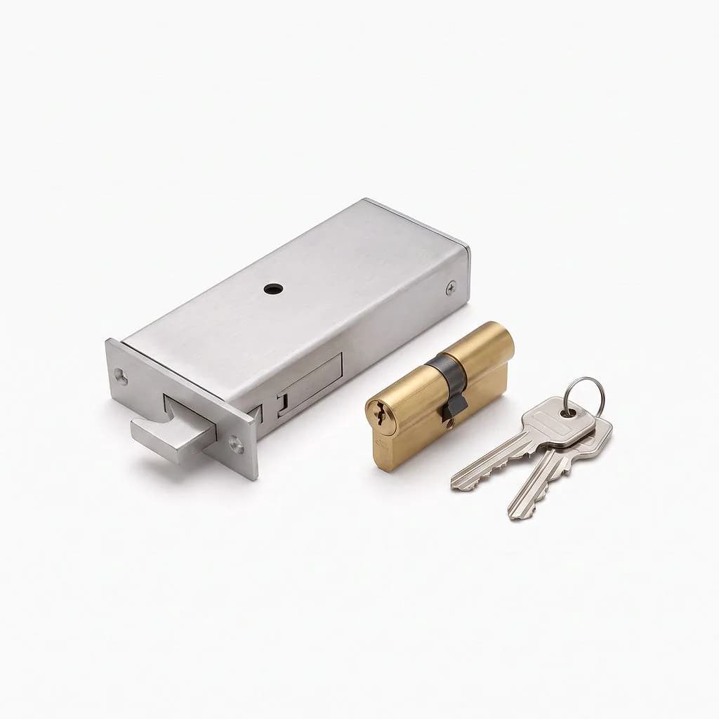 Narrow aluminium shopfront hook-bolt lock with its cylinder and two keys