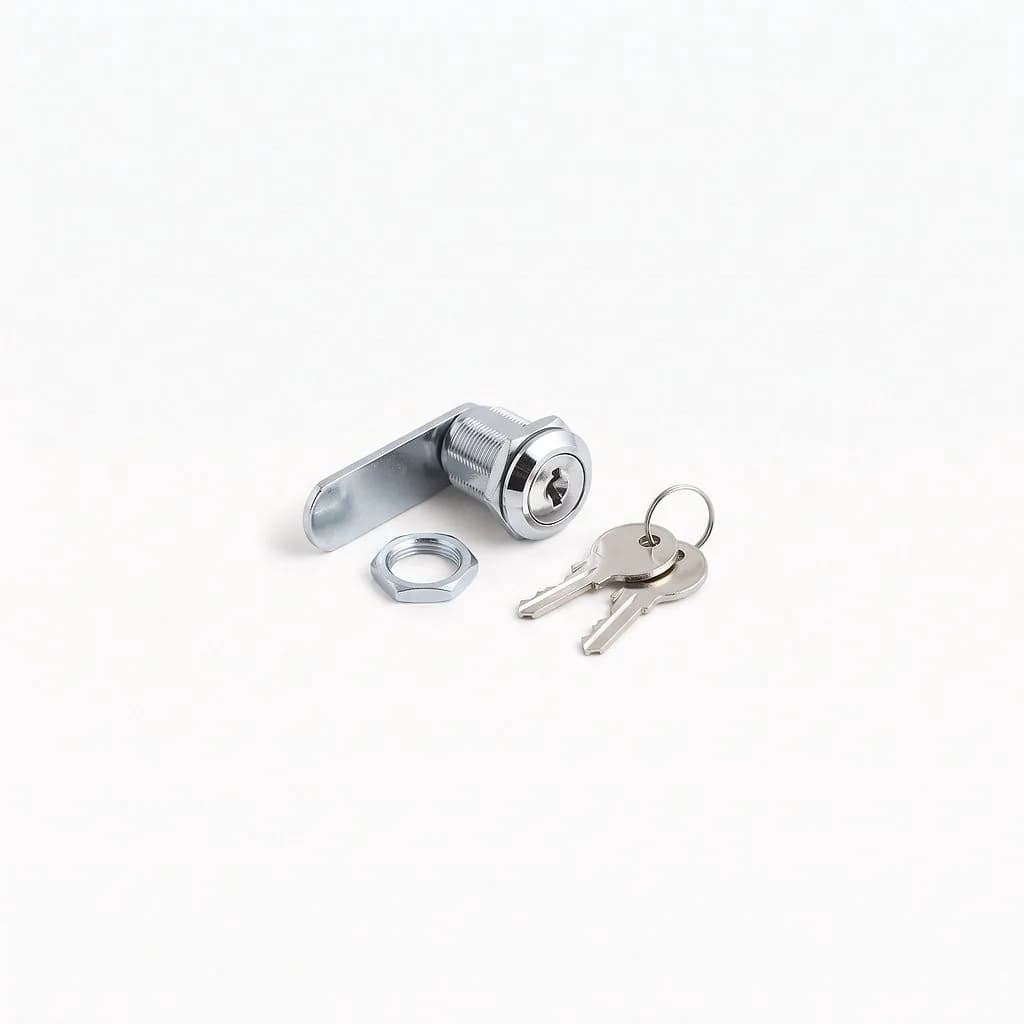 Small chrome letterbox cam lock with its steel cam and two small keys