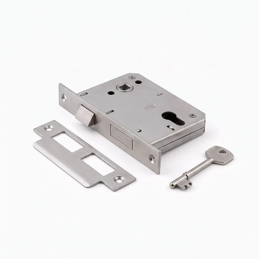 Stainless steel mortice lock case with its faceplate, a strike plate and one key