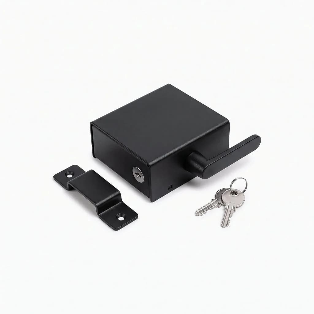 Black powder-coated keyed gate lock with its striker plate and two keys
