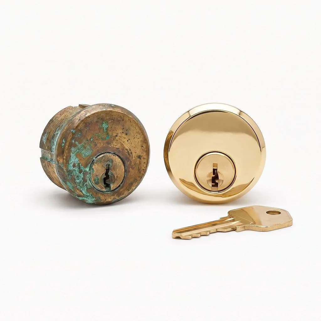 Corroded brass lock cylinder with green patina beside a new polished brass cylinder
