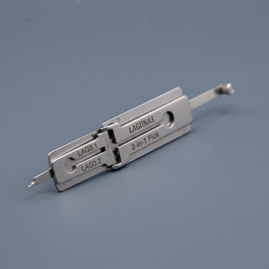 Professional lock bypass tools on a commercial door