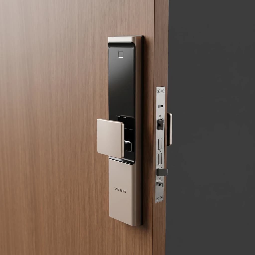 Modern smart lock installed on a front door